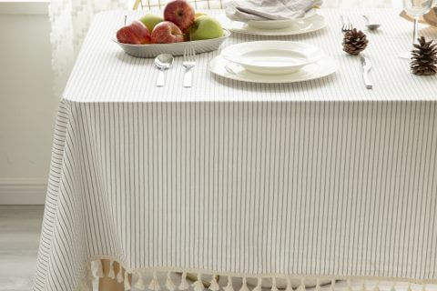 Factory Wholesale Multicolor Polyester Washed Cotton Stripe Tablecloth with Tassels for Kitchen & Party Decoration